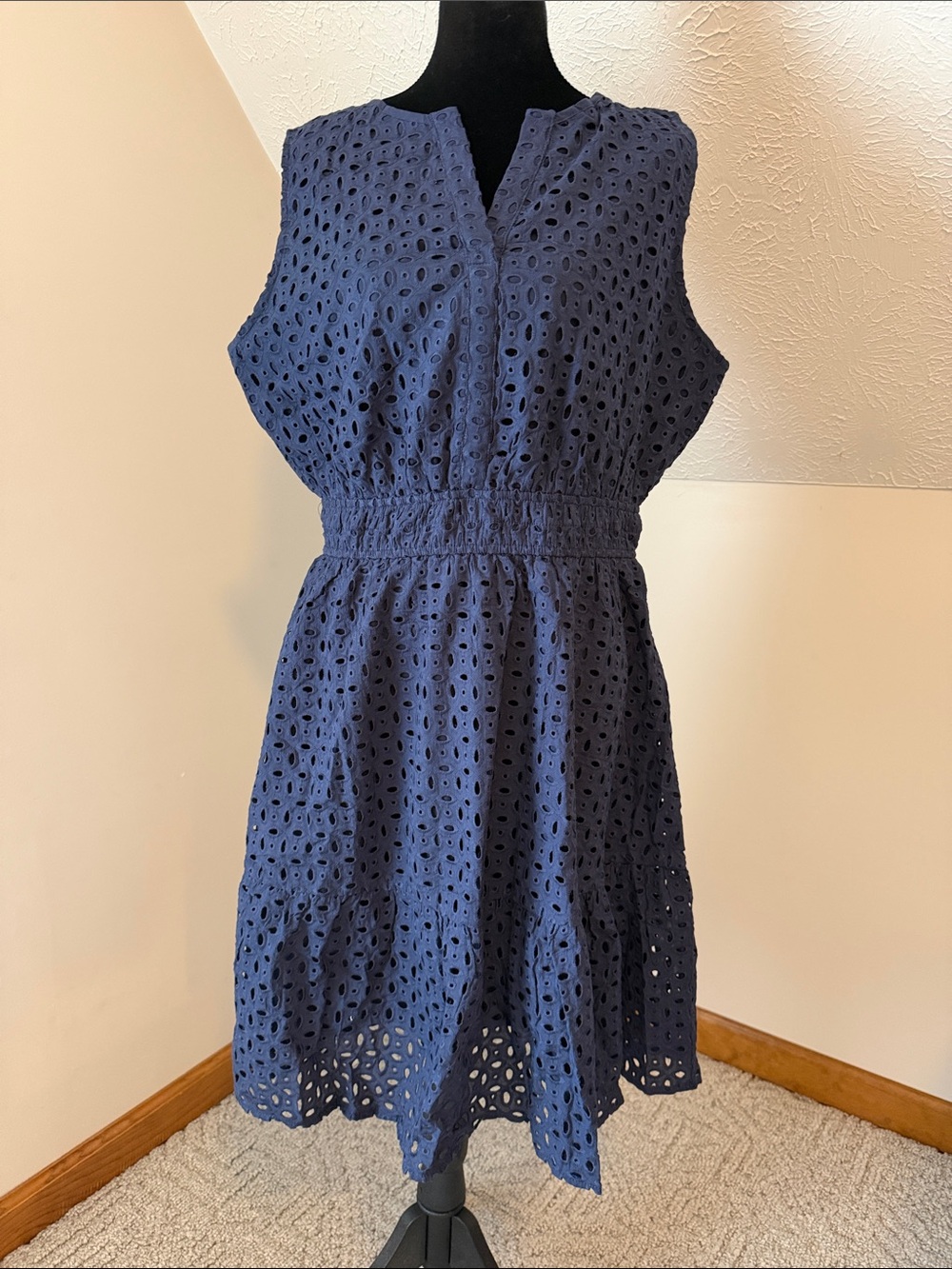 Navy Eyelet Sleeveless Mini Dress with Elastic Waist